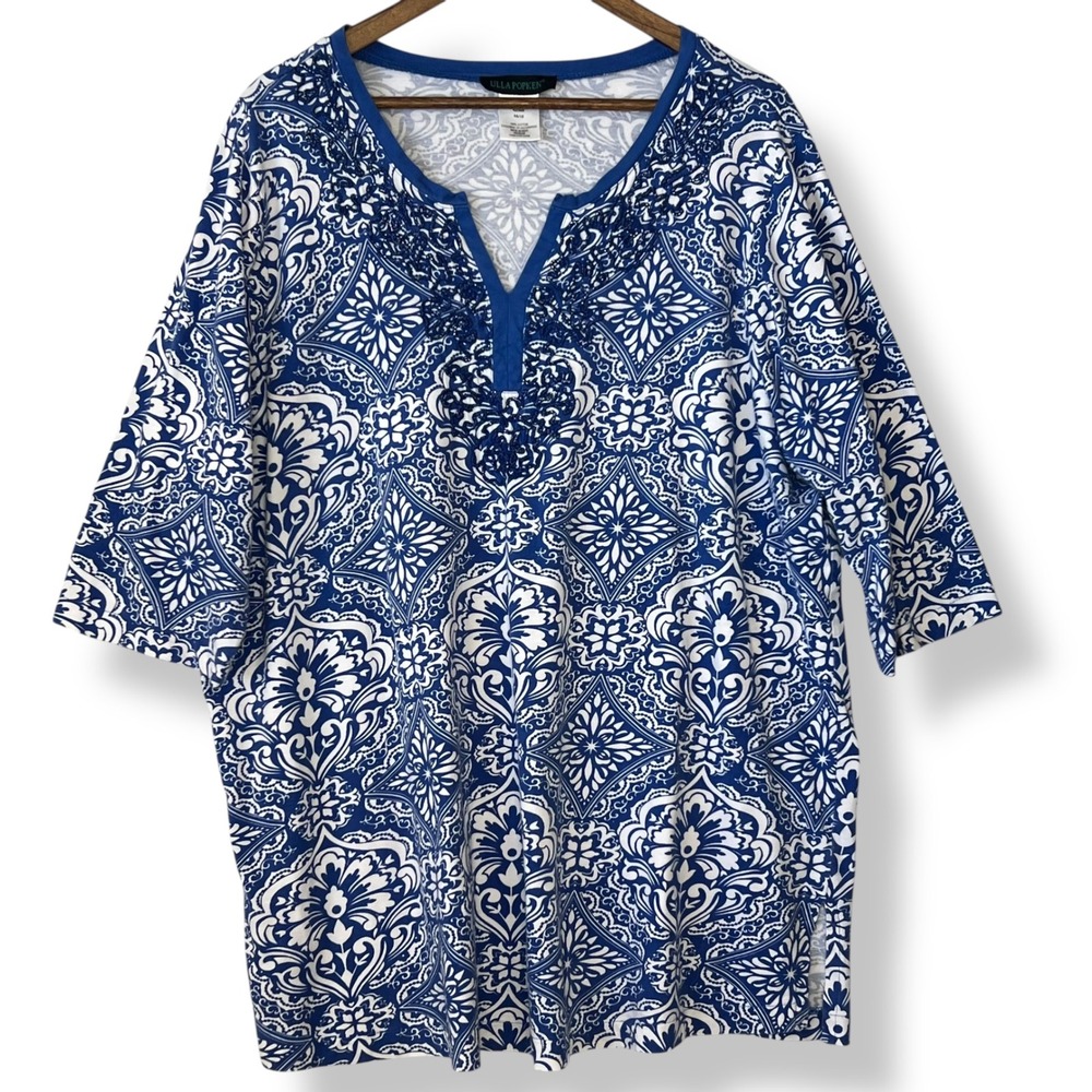Ulla Popken Plus 1X 16/18 Blue White Tile Cording Detail 100% Cotton Tunic‎ Top
